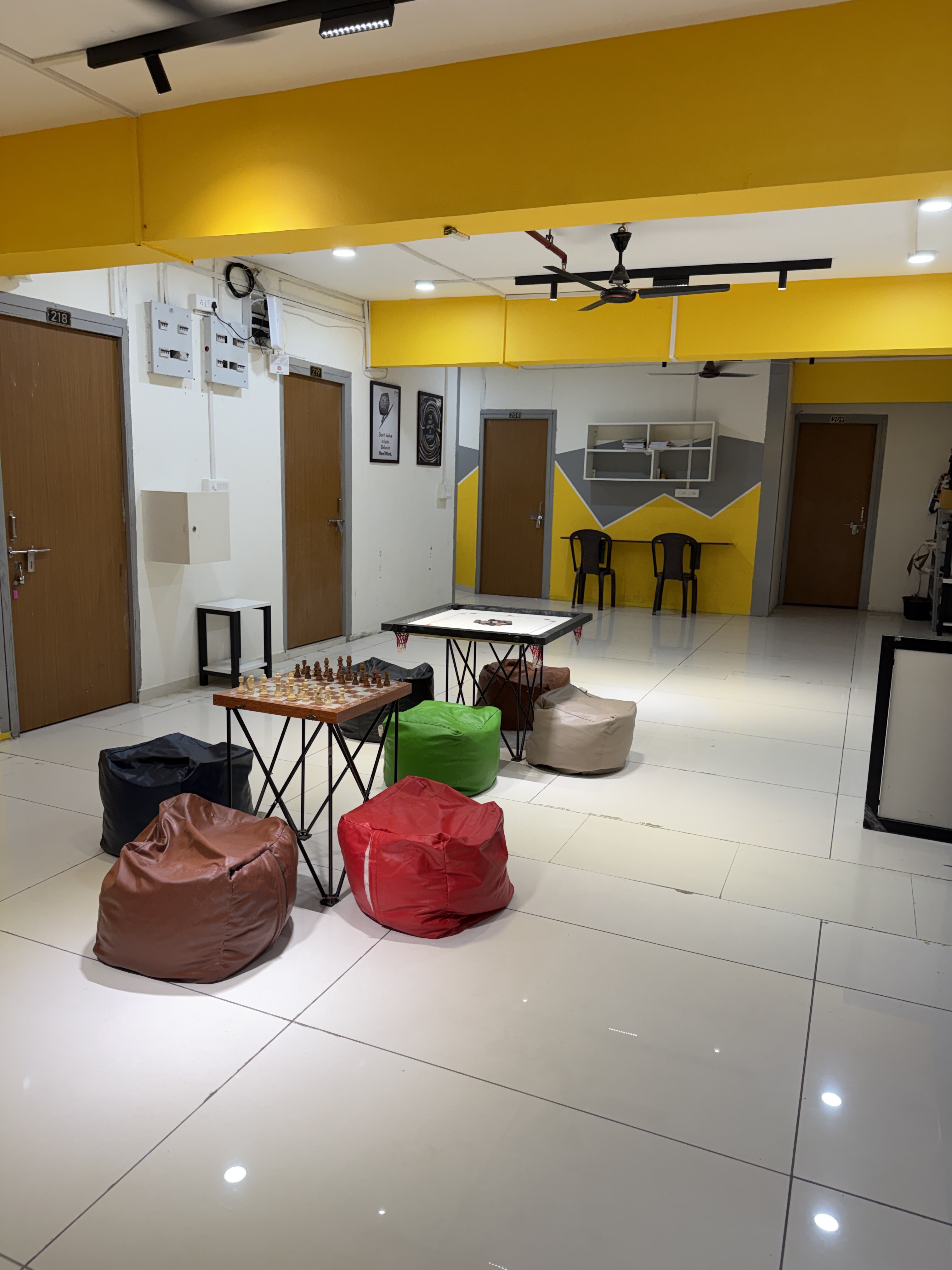 Recreation zone with carrom, chess and bean bags, Gurukul Road PG